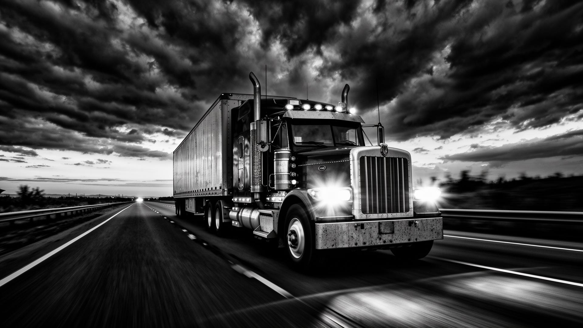 Semi truck cutting through a storm at dusk